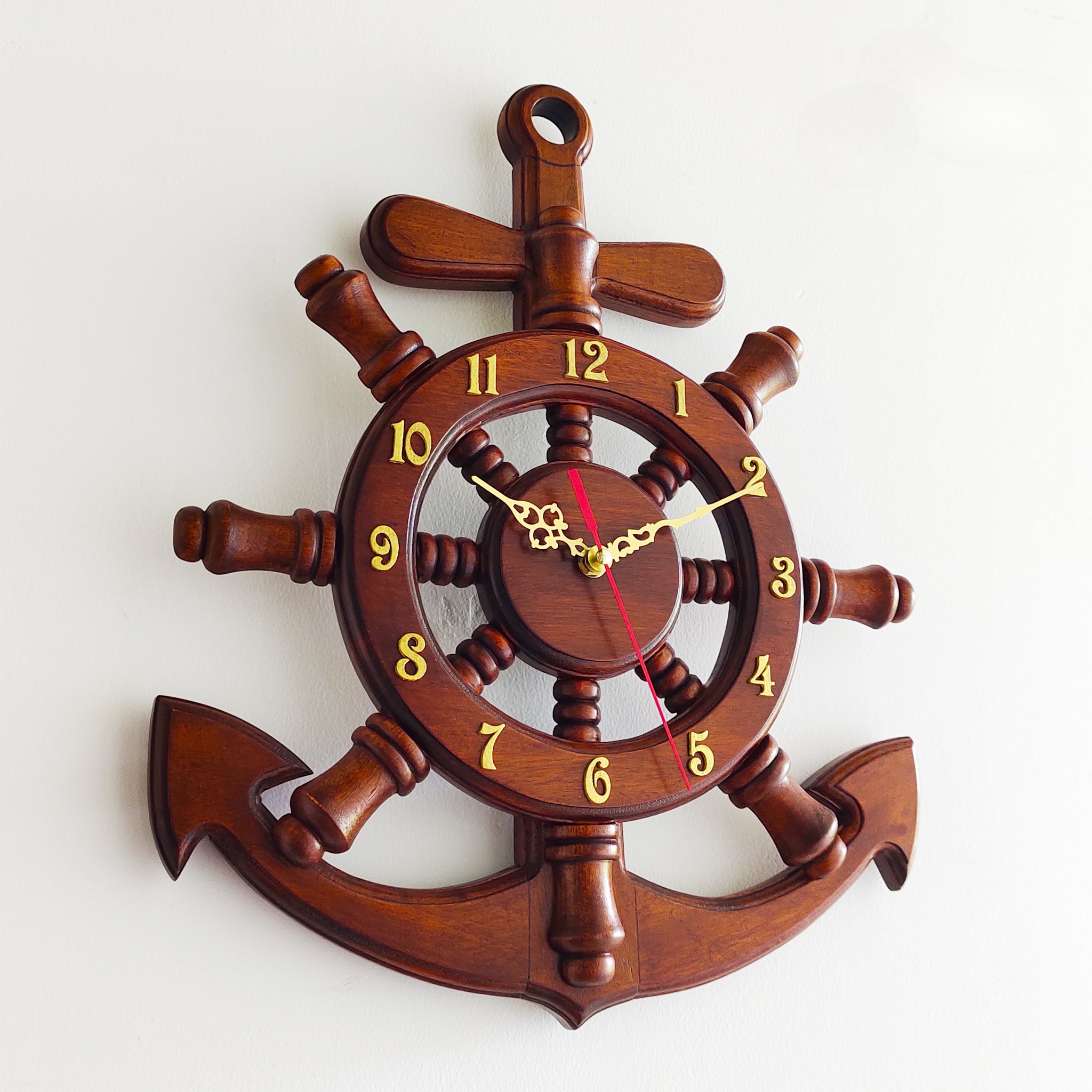 Anchor-Shaped Mahogany Wooden Wall Clock – 18 Inch (Nautical Design)