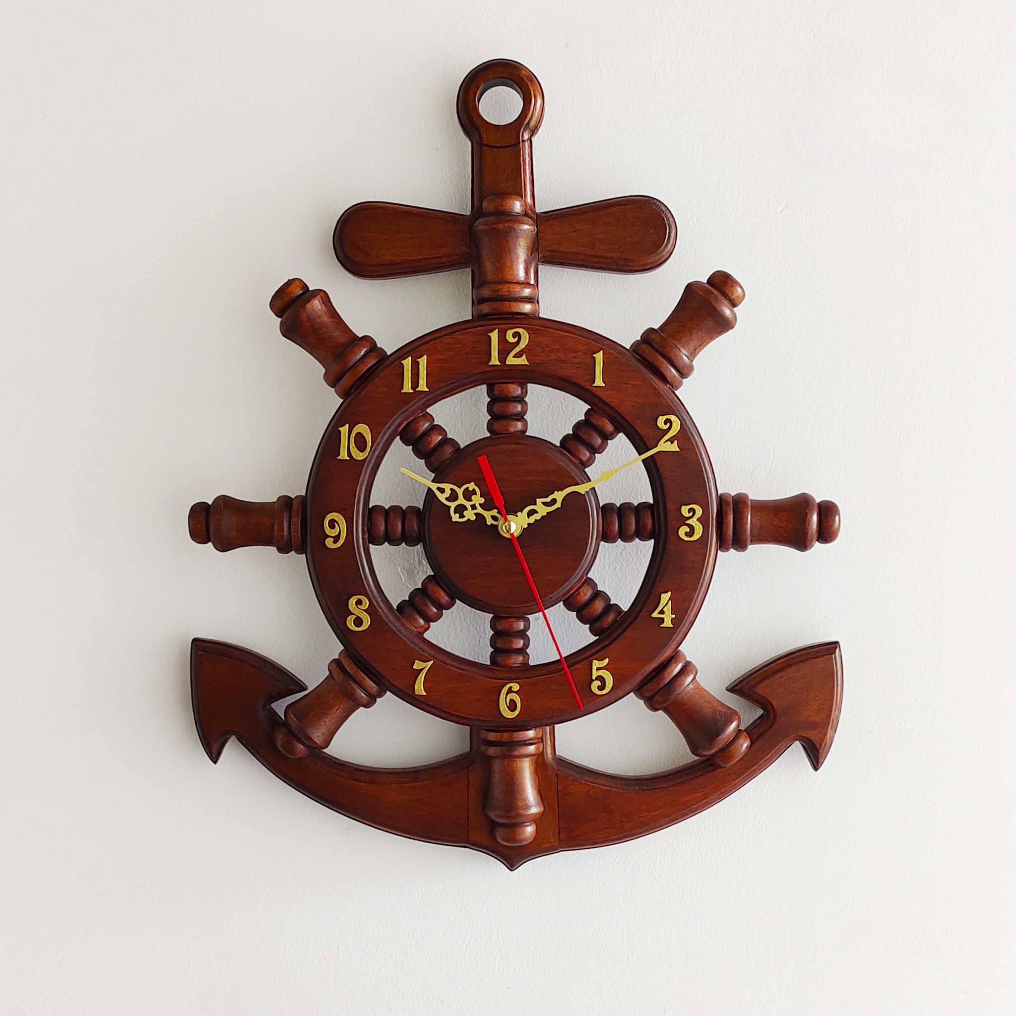 Anchor-Shaped Mahogany Wooden Wall Clock – 18 Inch (Nautical Design)