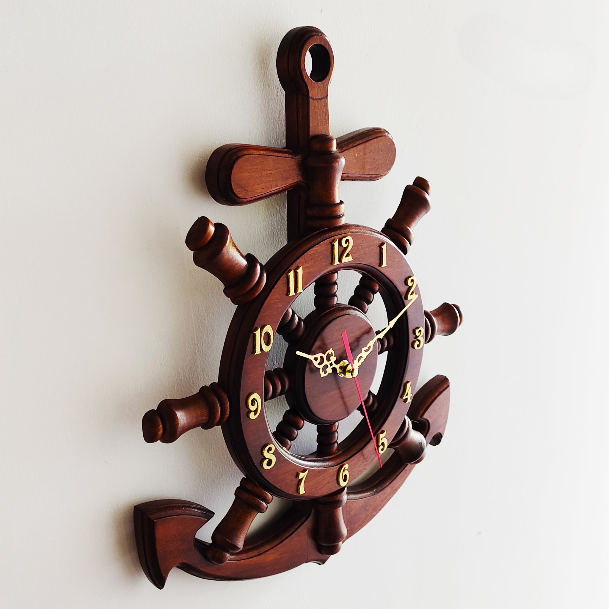 Anchor-Shaped Mahogany Wooden Wall Clock – 18 Inch (Nautical Design)